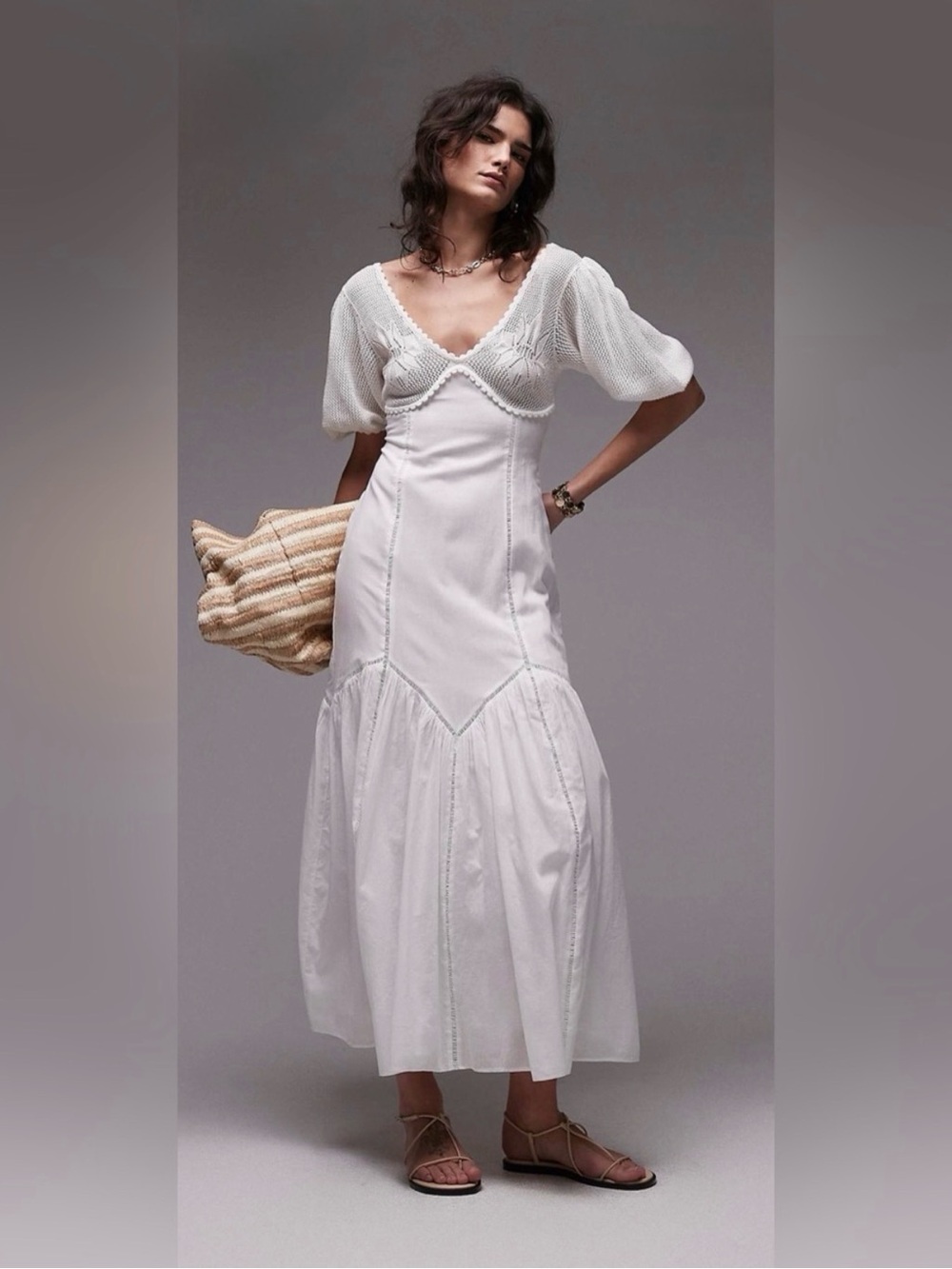 Topshop White Crochet Bust Puff Sleeve Midi Dress US 6 LNWOT